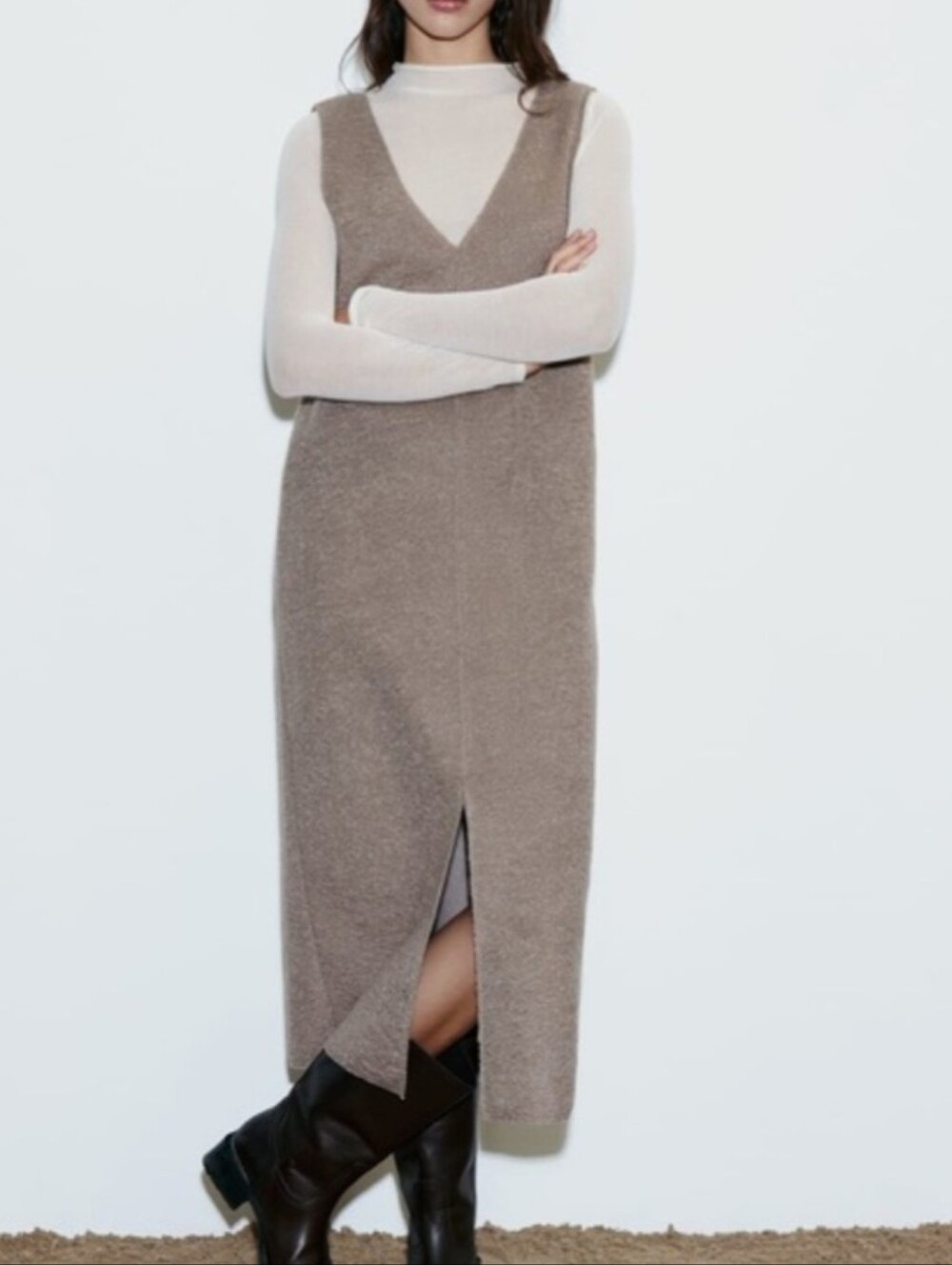 Zara Boucle midi dress sleevless fall brown neutral v neck slit  layering size S